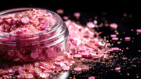 Makeup cosmetics, glittery loose face shadows or blush, glitters in jar, pink glitter background, barbicor style. Beauty conceptの素材