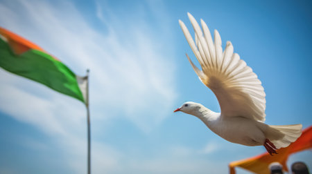 The National Tricolor Flag of India is waving against a blue sky. Banner for Indian Independence Day national holidayの素材