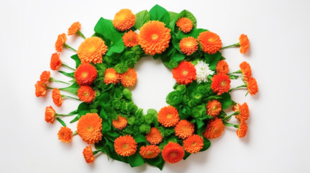 Festive composition National Holiday of India, Independence Day, white, green flowers and marigolds lined with wreathの素材