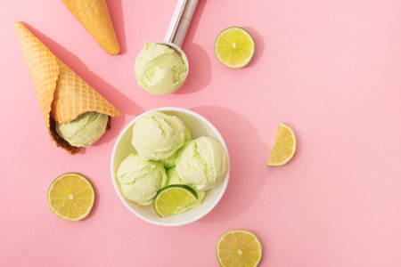 Ice cream with lime flavor in waffle cone and white bowl, pink background with pieces of juicy lime, copy space, flat layの写真素材