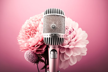 Golden metal microphone decorated with pink flowers, pink bright background, copy space. Grunge, nostalgiaの素材