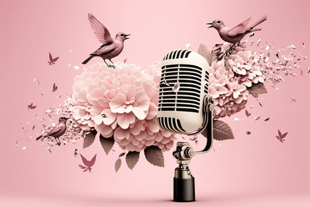 Golden metal microphone decorated with pink flowers and small birds of paradise, pink pastel background, copy spaceの素材