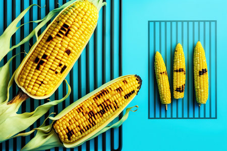 Fresh ripe corn on cob grilled barbecue. Art concept, bright design, copy space, bright blue backgroundの素材
