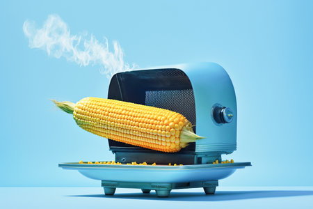Fresh ripe corn on cob grilled barbecue. Art concept, bright design, copy space, bright blue backgroundの素材