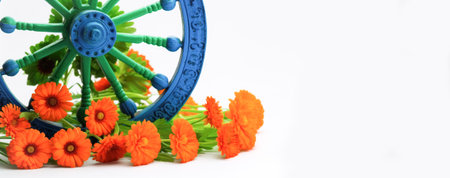 Festive composition of their orange saffrons, Ashoka wheel, white background with copy space. Indian Independence Dayの素材