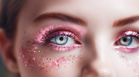 Beautiful blue eye with trendy pink glitter makeup, barbicor style. Part of a womans face close-up. Perfect makeupの素材