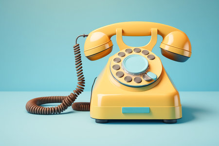 Vintage yellow lelephone with a tube on blue bright background. Retro items, 70s 80s culture nostalgia. Art conceptの素材
