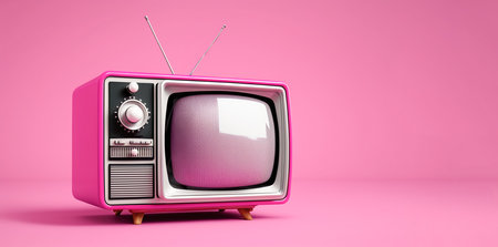 Vintage TV with a large domed screen on bright pink yak background. Nostalgia, retro items from the 70s and 80sの素材
