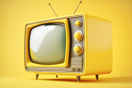 Vintage TV with a large domed screen on yak yellow background. Nostalgia, retro items from the 70s and 80s.の素材