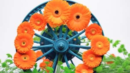 Festive composition for National Day of India, Independence Day, Ashoka wheel, orange marigold flowers, white backgroundの素材