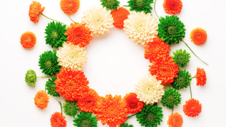 Festive composition National Holiday of India, Independence Day, white, green flowers and marigolds lined with wreathの素材