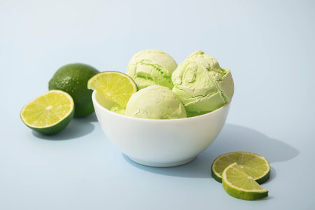 Ice cream with lime flavor and slices of fresh lime in a white bowl, white background, copy space. Summer cooling desserts,の写真素材