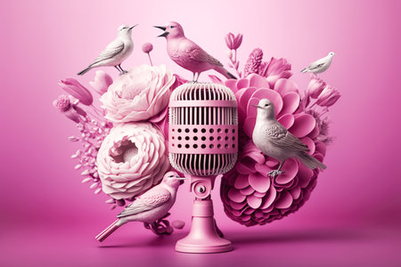 Golden metal microphone decorated with pink flowers and small birds of paradise, pink pastel background, copy spaceの素材