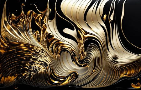 Fluid Art Gold black liquid acrylic, acrylic paint mixing. Splashes of bright paint on canvas. Contemporary liquid artの素材