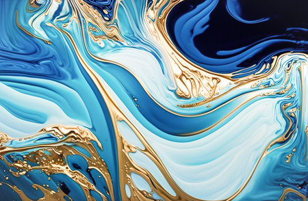 Fluid Art Gold blue liquid acrylic, acrylic paint mixing. Splashes of bright paint on canvas. Fashion liquid artの素材