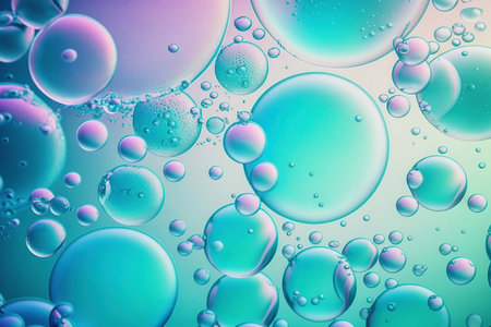 Colorful oil drops, bubbles floating in a liquid, on the surface of water. Abstract neon purple background with bubblesの素材
