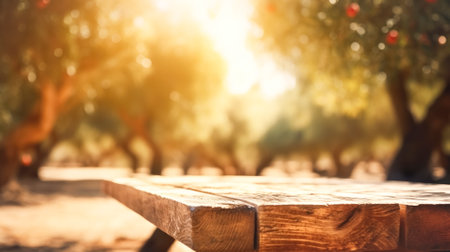 Empty wooden table top, texture board, on a blurred background of an orchard, trees in blurred bokehの素材