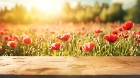 Empty wooden table top against blurred poppy fields. Template showcase scene for promotional products, banner, layoutの素材
