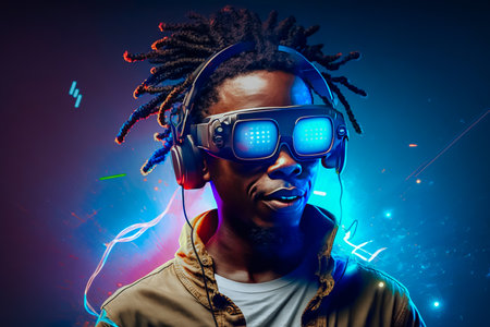 Young african american guy wearing 3d VR headset glasses, watching 360 degree video with virtual reality headsetの素材