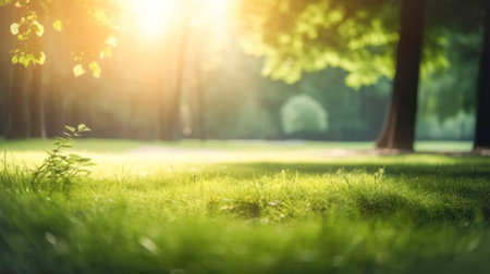 Fresh green grass in sunlight, against backdrop of green forest of trees. Beautiful summer field landscape, natural backgroundの素材