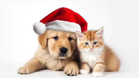 Cute fluffy ginger kitten and puppy in santa claus hat, close-up light background copy space. New Year, holiday conceptの素材