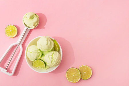 Lime flavor ice cream and fresh lime slices in white bowl, pink background, copy space, flat lay. Summer cooling dessertsの写真素材