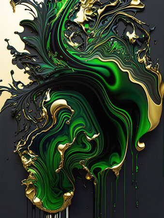 Fluid Art Gold green liquid acrylic, acrylic paint mixing. Splashes of bright paint on canvas. Fashion liquid artの素材