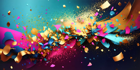 Festive Abstract background with flying confetti, splashes, ribbons. Modern bright blank background, template for bannerの素材