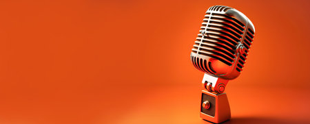 Vintage metal microphone, retro item on orange background, copy space. Art style microphone, classical music nostalgiaの素材