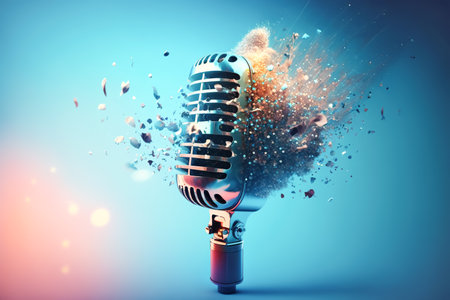 Vintage chrome microphone shatters explodes into big and small pieces, blue background. Grunge, nostalgiaの素材