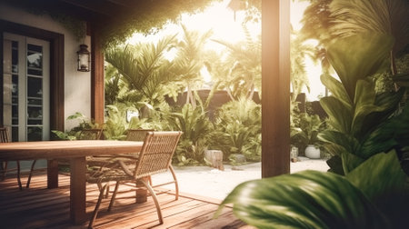 Tropical garden terrace, bungalow porch with furniture and large green plants. Vacation, travel, relaxationの素材