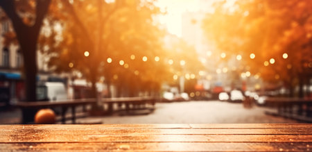Empty wooden table top against the backdrop of an autumn cityscape, city street with orange foliage garlands of lightsの素材