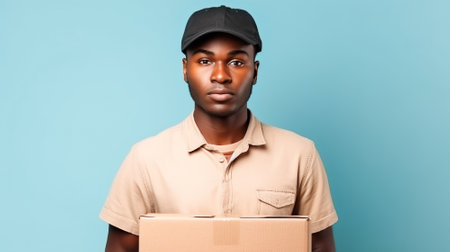 Delivery service worker, smiling black man in a special uniform with a cardboard box, blue background, copy spaceの素材