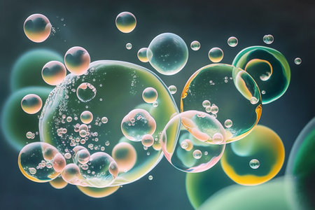 Transparent bubbles drops of gel, serum, collagen, oil, close-up, macro. Abstract neon purple background with bubblesの素材