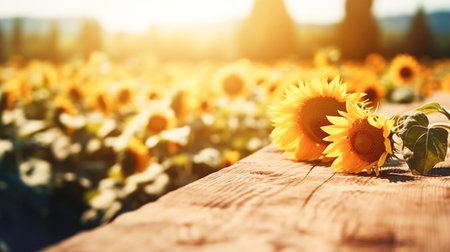 Empty wooden tabletop against background of blooming sunflowers, summer fields. Template showcase scene promotional productsの素材