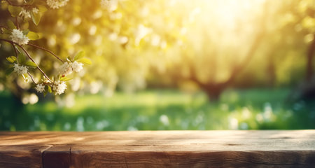 Empty wooden table top, texture board, on a blurred background of an orchard, trees in blurred bokehの素材