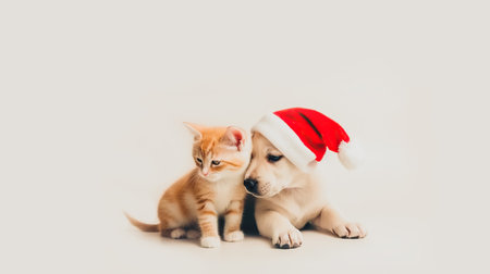 Cute fluffy ginger kitten and puppy in santa claus hat, close-up light background copy space. New Year, holiday conceptの素材
