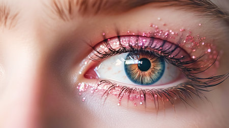 Beautiful blue eye with trendy pink glitter makeup, barbicor style. Part of a womans face close-up. Perfect makeupの素材