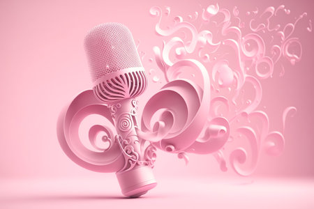 Musical microphone from which splashes melody notes, pink background copy space. Microphone in art styleの素材