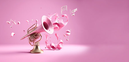 Copper wind pipe, a musical instrument from which melody notes fly, copy space on a pink background