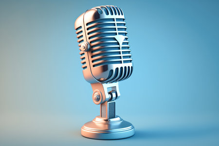 Vintage metal microphone, retro item on blue background, copy space. Art style microphone, classical music nostalgiaの素材