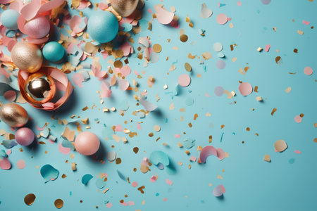 Festive blue background, pink decoration balloons, golden confetti, flat lay. space for invitation advertisingの素材