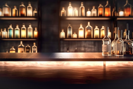 Empty bar counter in cafe, club, restaurant, evening time dark background, blur bokeh. Template alcoholic drinks, bar cocktailsの素材