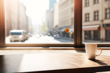 A cup of coffee stands on a table in a cafe, breakfast by the window. Breakfast, business lunch with mug of hot drinkの素材