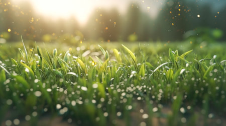 Fresh green grass in sunlight, bokeh blur. Beautiful summer or spring field landscape, natural background, bannerの素材
