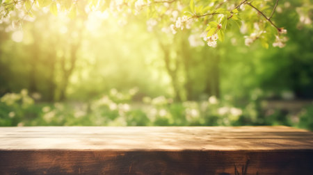 Empty wooden table top, texture board, on a blurred background of an orchard, trees in blurred bokehの素材