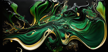 Fluid Art Gold green liquid acrylic, acrylic paint mixing. Splashes of bright paint on canvas. Fashion liquid artの素材