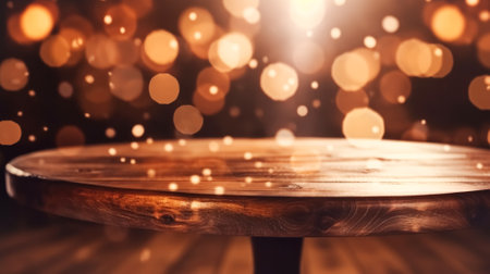 Empty wooden table top in front of abstract blurred background with garlands of lights, cozy cafe bar small restaurantの素材