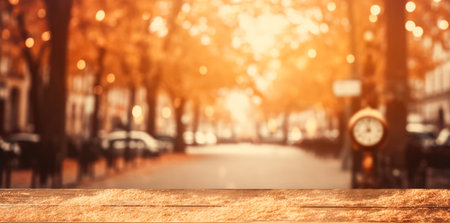 Empty wooden table top against the backdrop of an autumn cityscape, city street with orange foliage garlands of lightsの素材