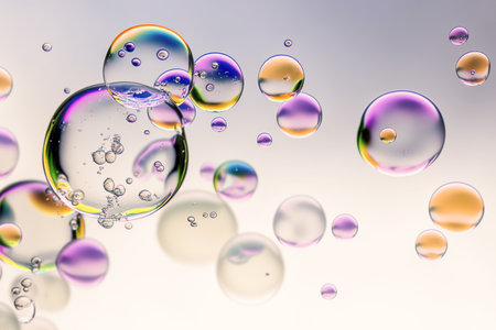 Transparent bubbles drops of gel, serum, collagen, oil, close-up, macro. Abstract neon purple background with bubblesの素材